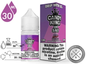 Grape Bubblegum Candy King On Salt 30ml bottle and box with a 50/50 VG/PG icon and nicotine strength icons