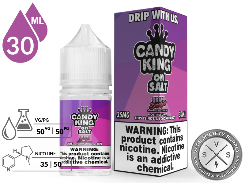 Grape Bubblegum Candy King On Salt 30ml bottle and box with a 50/50 VG/PG icon and nicotine strength icons