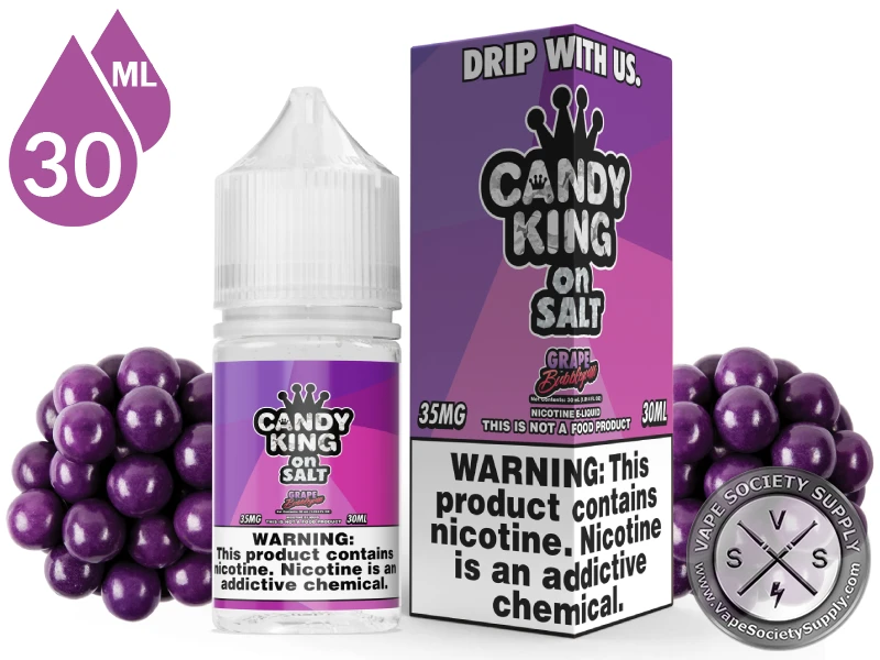 Grape Bubblegum Candy King On Salt 30ml bottle and box with purple gumballs