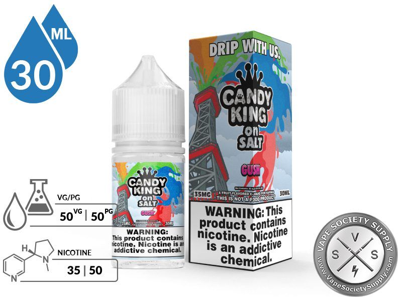 Gush Candy King On Salt 30ml bottle and box with a 50/50 VG/PG icon and nicotine strength icons