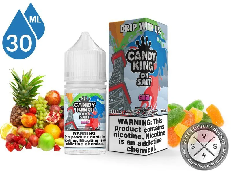 Gush Candy King On Salt 30ml bottle and box with a pineapple, mixed fruit and gummy candies