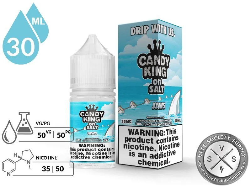 Jaws Candy King On Salt 30ml bottle and box with a 50/50 VG/PG icon and nicotine strength icons