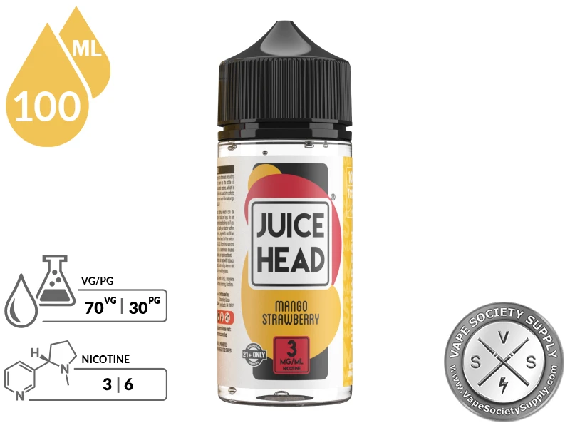 Mango Strawberry Juice Head 100ml bottle with a 70/30 VG/PG icon and nicotine strength icons