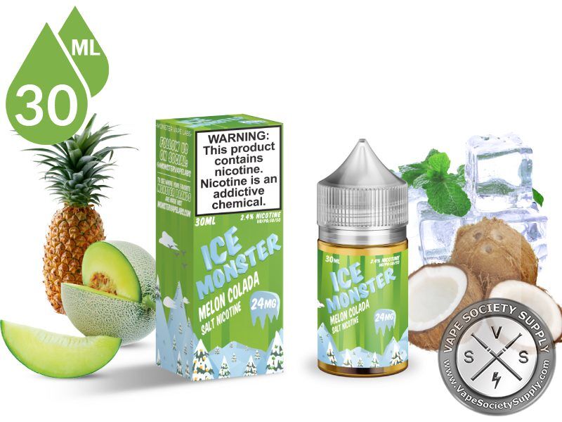 Melon Colada Ice Monster Salt 30ml bottle and box with pineapple, melon, coconut, mint and ice