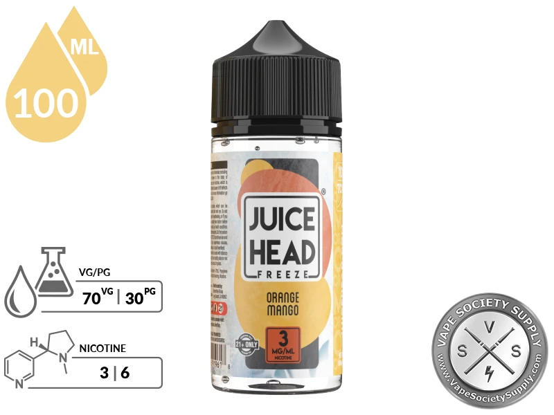 Orange Mango Juice Head Freeze 100ml bottle with a 70/30 VG/PG icon and nicotine strength icons