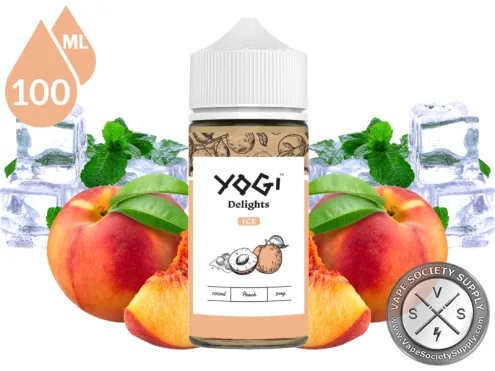Peach Ice by YOGI Delights 100ml bottle with peaches, mint leaves and ice cubes