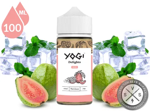 Pink Guava Ice by YOGI Delights 100ml bottle with pink guavas, mint leaves and ice cubes
