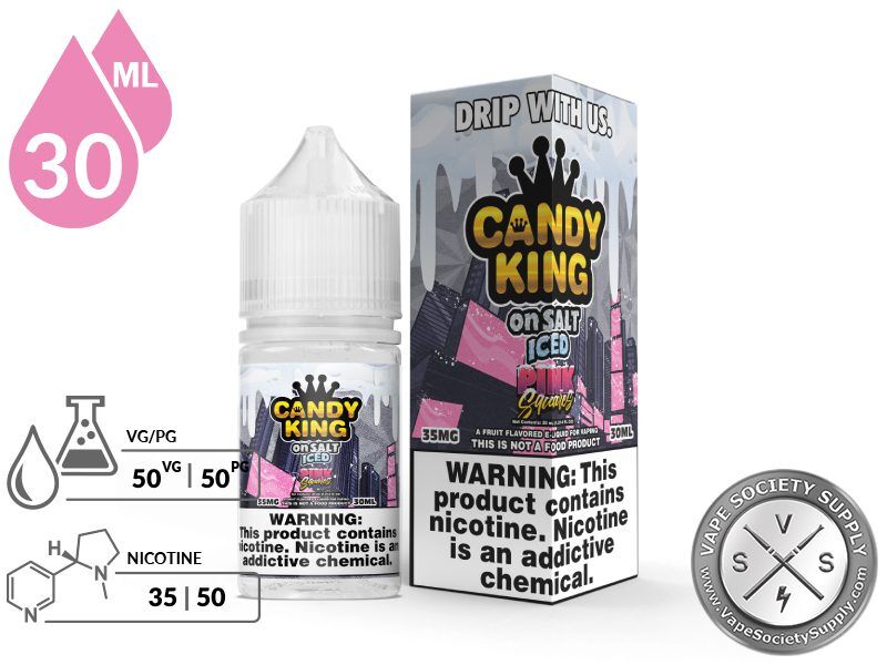 Pink Squares Candy King On Salt ICED 30ml bottle and box with a 50/50 VG/PG icon and nicotine strength icons