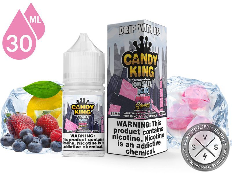 Pink Squares Candy King On Salt ICED 30ml bottle and box with a lemon, strawberries, blueberries and pink chewy candy in blocks of ice