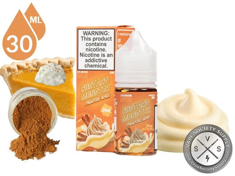 Pumpkin Spice Custard Monster Salt 30ml bottle and box with pumpkin pie, pumpkin spice and custard