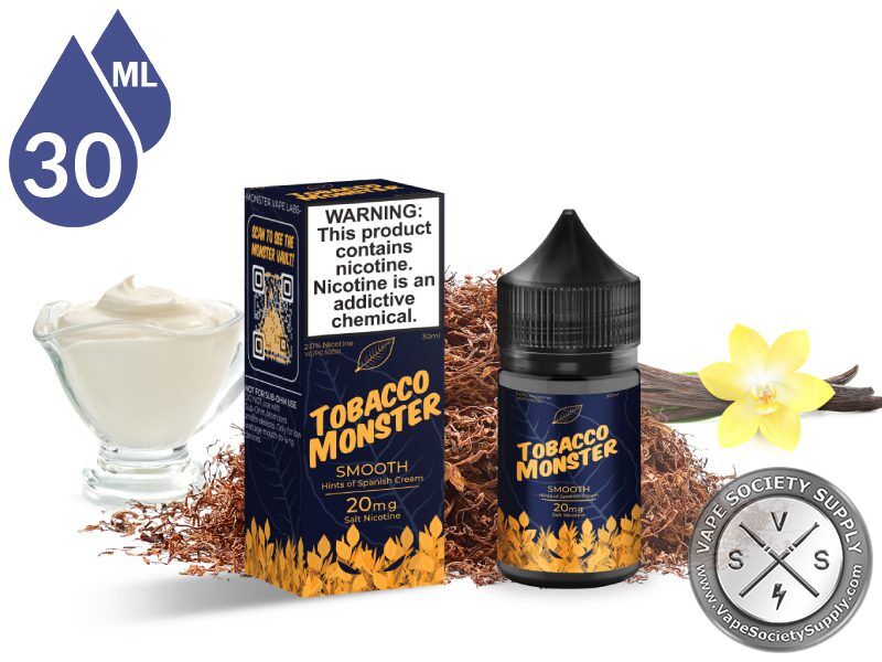 Smooth Tobacco Monster Salt 30ml bottle and box with tobacco leaves, cream and a vanilla flower