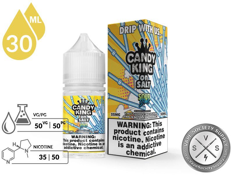 Sour Straws Candy King On Salt 30ml bottle and box with a 50/50 VG/PG icon and nicotine strength icons