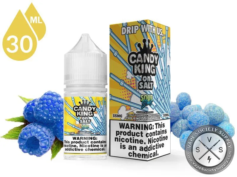 Sour Straws Candy King On Salt 30ml bottle and box with blue raspberries and sugar-coated blue candies