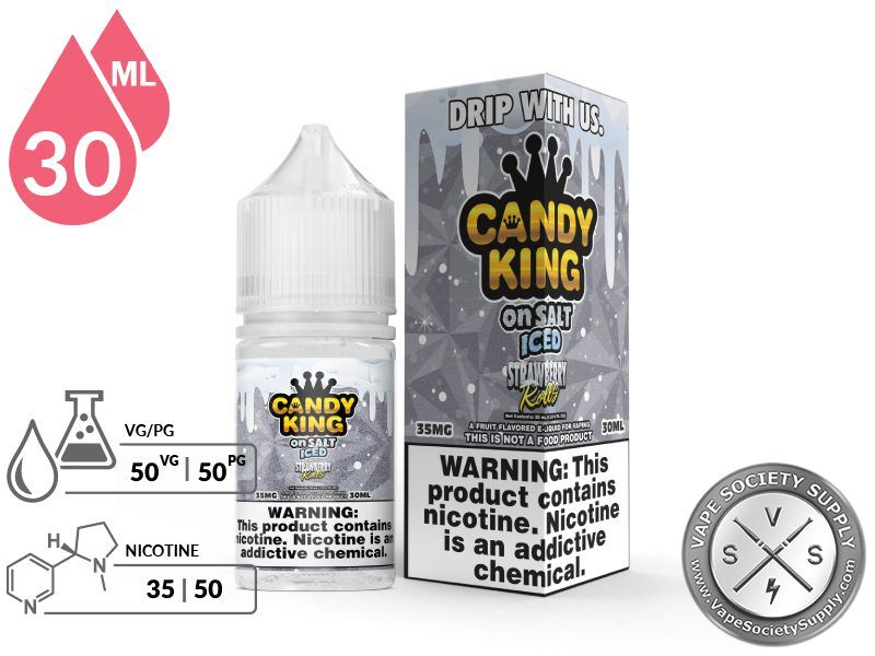 Strawberry Rolls Candy King On Salt ICED 30ml bottle and box with a 50/50 VG/PG icon and nicotine strength icons