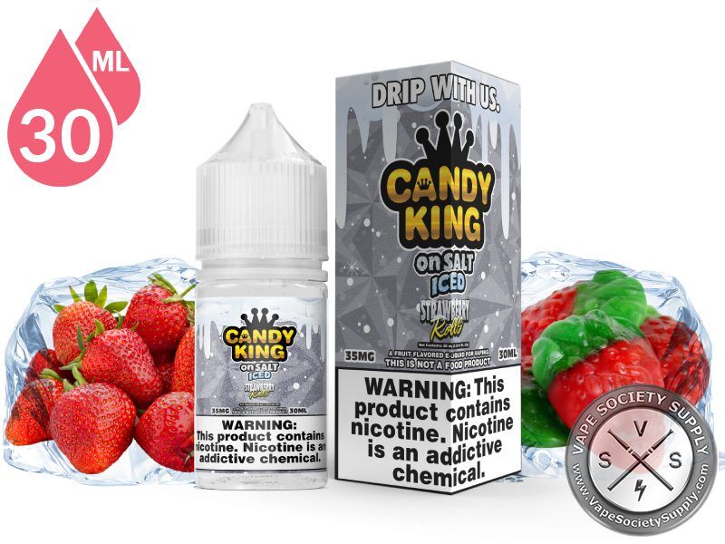 Strawberry Rolls Candy King On Salt ICED 30ml bottle and box with strawberries in blocks of ice