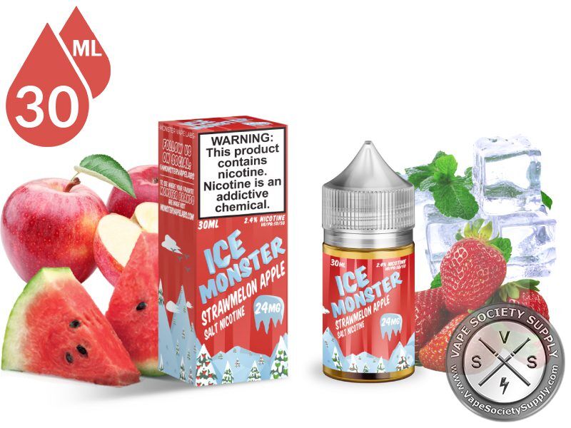 Strawmelon Apple Ice Monster Salt 30ml bottle and box with apples, watermelon, strawberries, mint and ice
