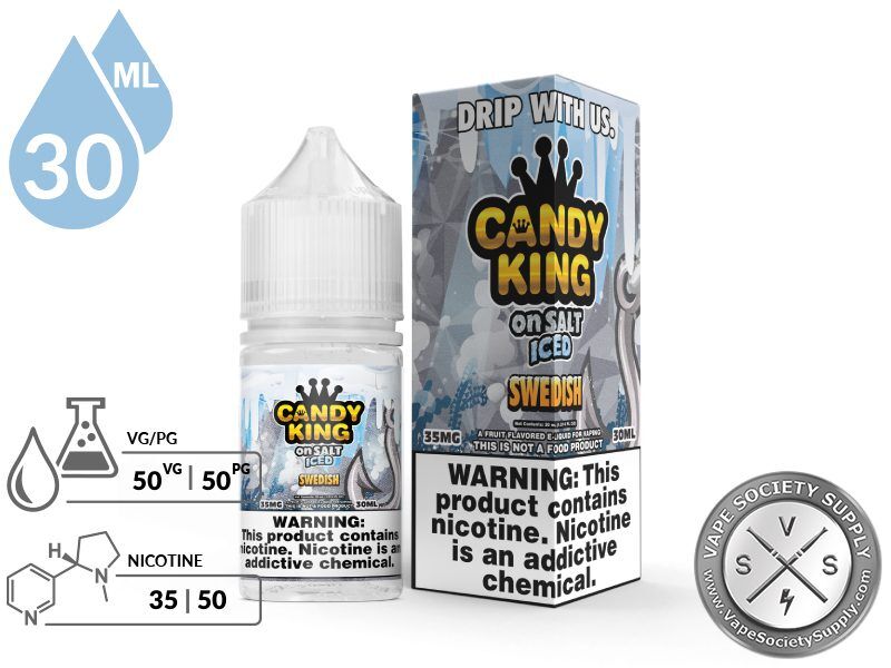 Swedish Candy King On Salt ICED 30ml bottle and box with a 50/50 VG/PG icon and nicotine strength icons