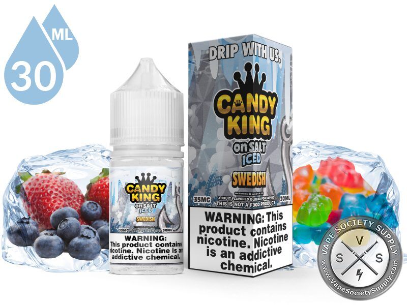 Swedish Candy King On Salt ICED 30ml bottle and box with strawberries, blueberries and gummy bears in blocks of ice