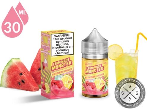 Watermelon Lemonade Monster Salt 30ml bottle and box with watermelon slices and a glass of lemonade