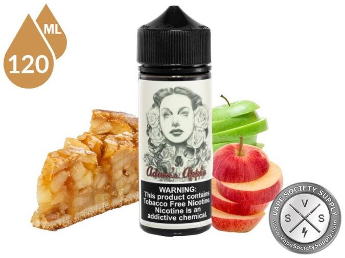 Adam's Apple by Adam Bomb 120ml bottle with a slice of apple pie and green and red apples