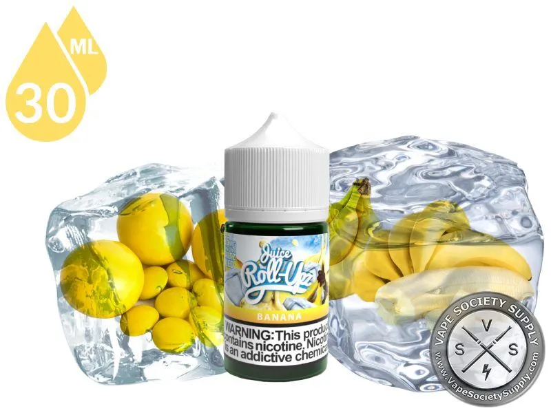 Banana Ice by Juice Roll Upz Salts 30ml bottle with bananas and lemons in blocks of ice
