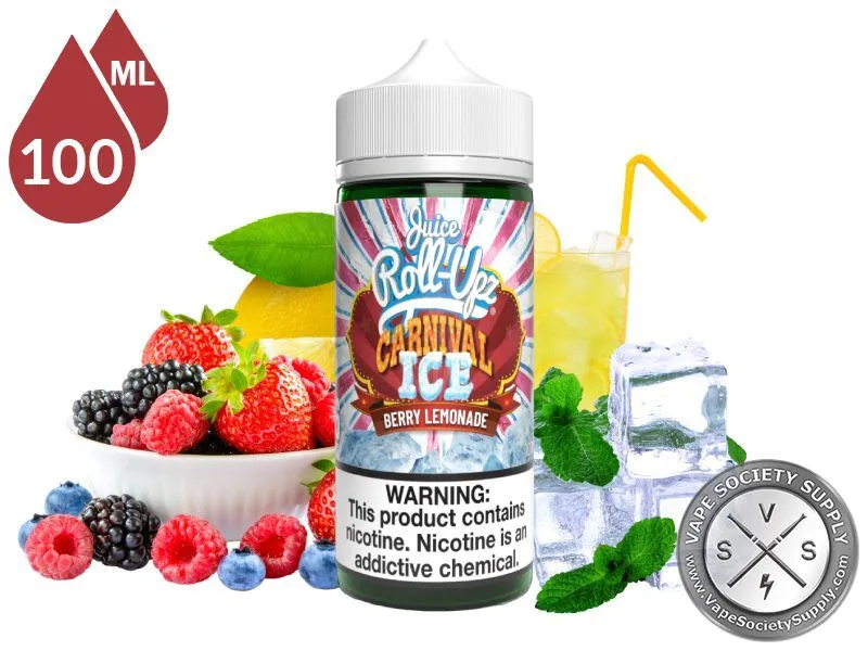 Berry Lemonade Ice by Juice Roll Upz Carnival 100ml bottle with mixed berries, a glass of lemonade, ice cubes and mint leaves