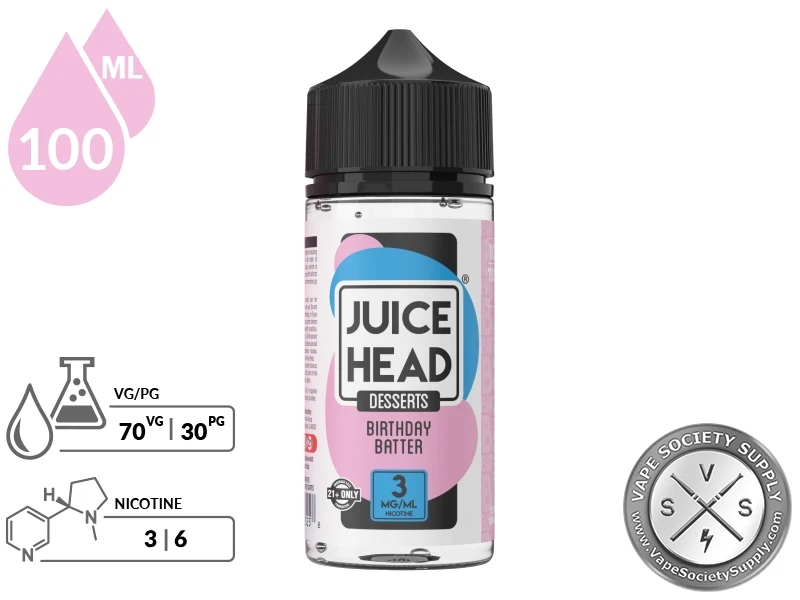 Birthday Batter Juice Head Desserts 100ml bottle with a 70/30 VG/PG icon and nicotine strength icons