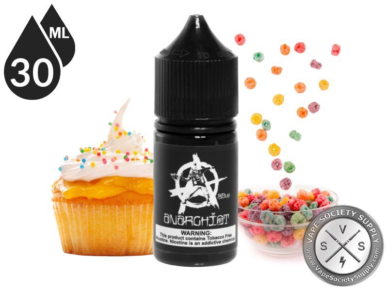 Black by Anarchist Salt 30ml bottle with a sprinkled cupcake and fruity cereal