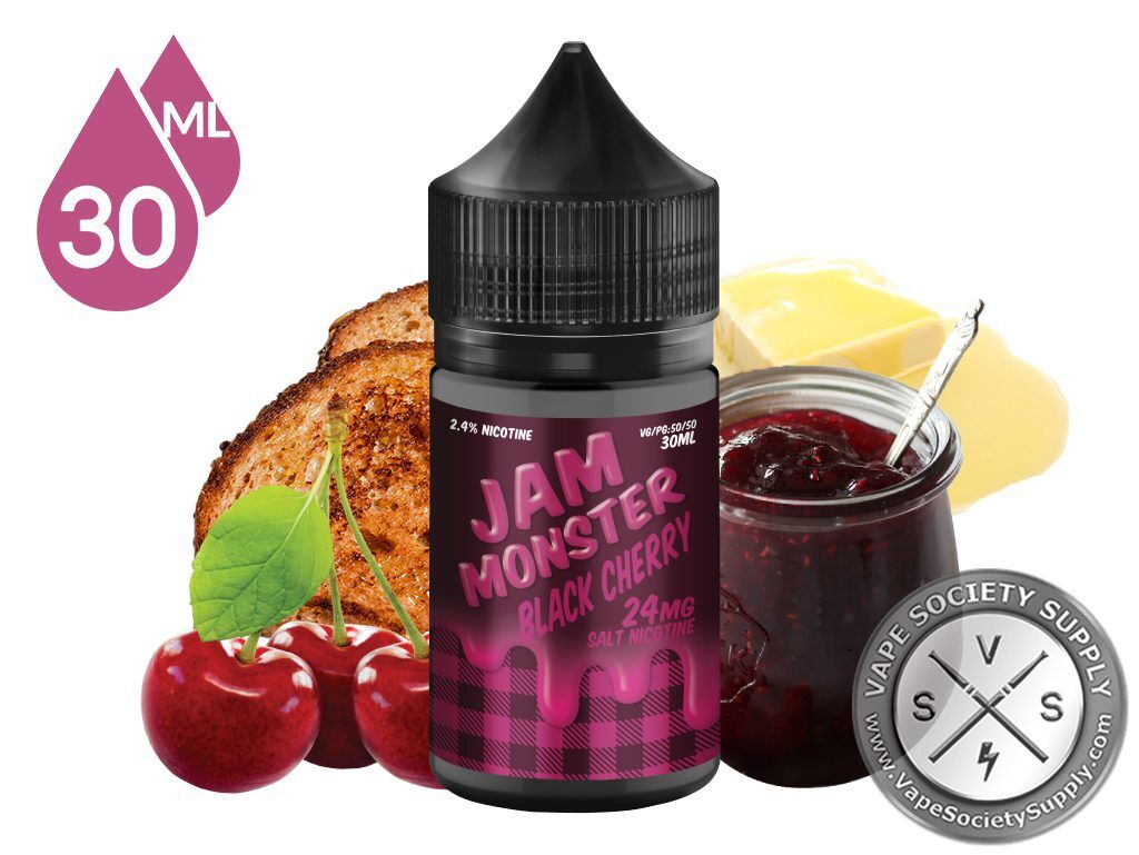 Black Cherry Jam Monster Salt 30ml bottle with cherries, cherry jam, butter and toast