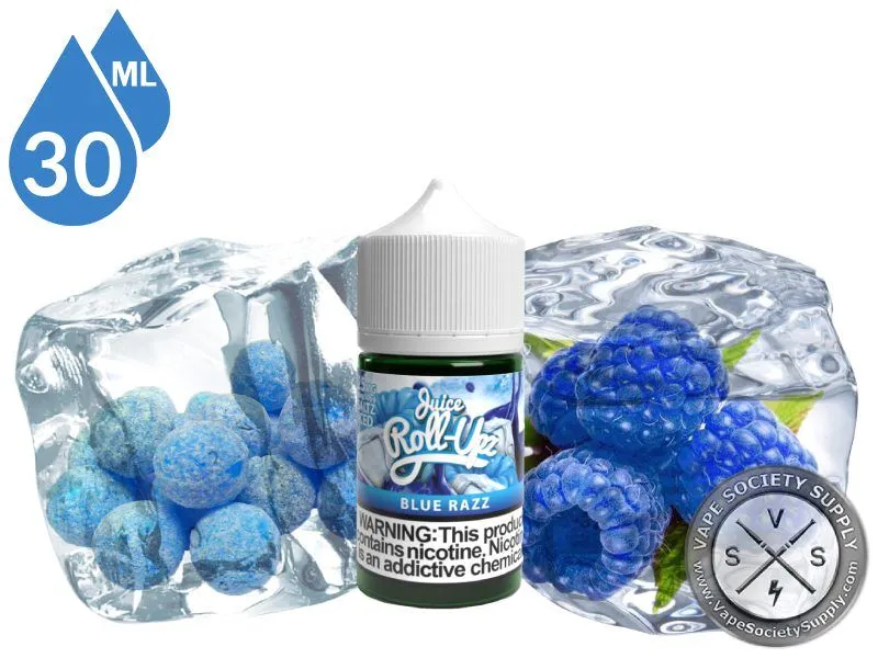 Blue Raspberry Ice by Juice Roll Upz Salts 30ml bottle with blue raspberries and blue gummy candies in blocks of ice