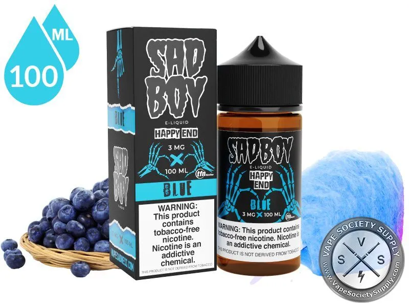 Happy End Blue by SadBoy 100ml bottle and box with blueberries and blue cotton candy