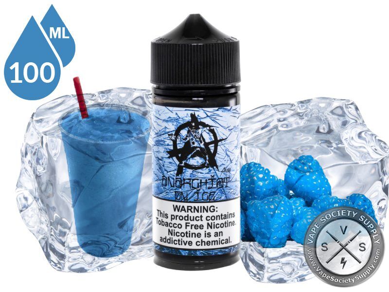Blue On Ice by Anarchist 100ml bottle with a blue slushie and blue raspberries with ice