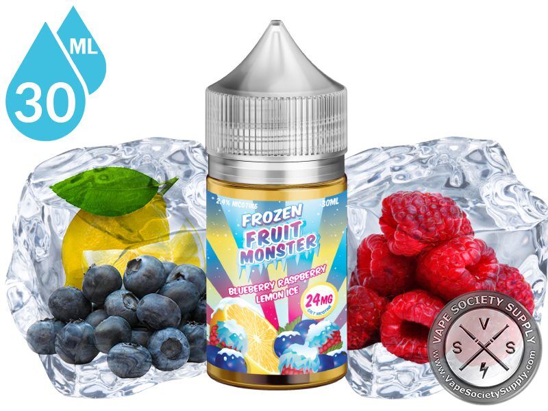 Blueberry Raspberry Lemon Ice Frozen Fruit Monster Salt 30ml bottle with blueberries, raspberries, a lemon and ice