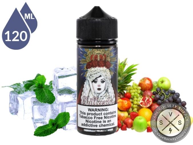 Chillaxin by Adam Bomb 120ml bottle with ice cubes, mint leaves and a pile of mixed fruit