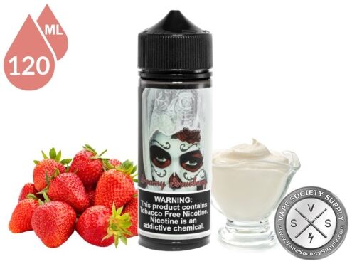 Creamy Strawberry by Adam Bomb 120ml bottle with strawberries and a dish of cream