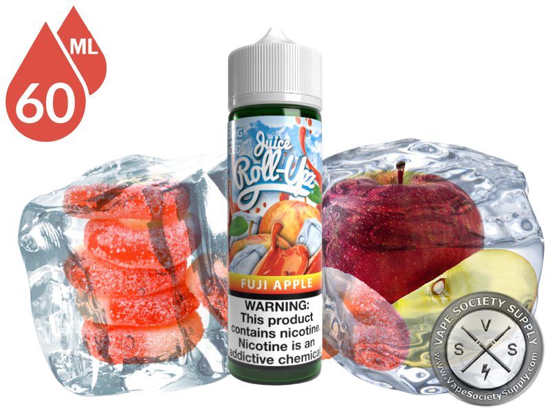 Fuji Apple Ice by Juice Roll Upz 60ml bottle with sugar-coated gummy rings and apples in blocks of ice
