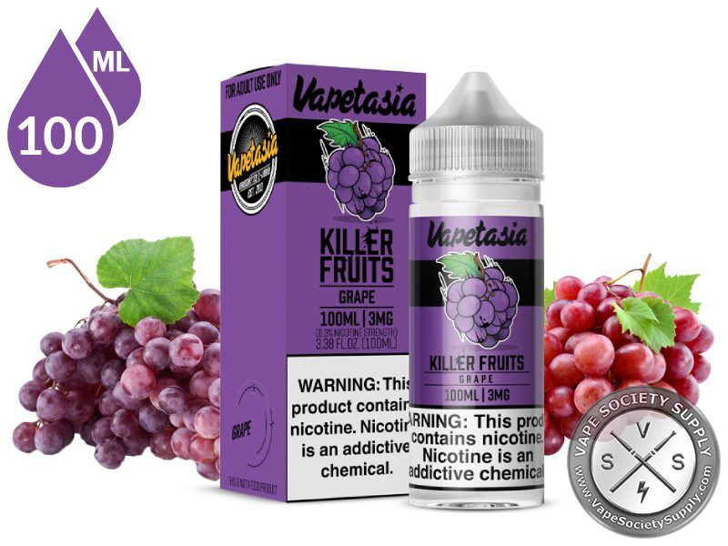 Grape Killer Fruits Vapetasia 100ml bottle with the box and red grapes