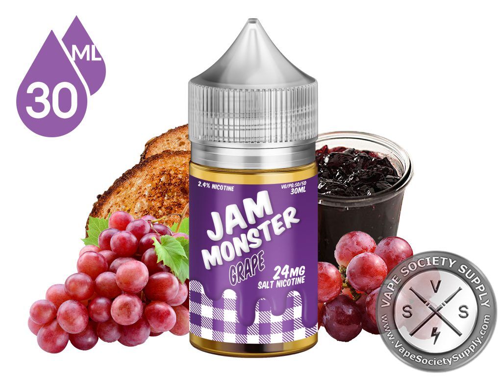 Grape Jam Monster Salt 30ml bottle with red grapes, grape jam and toast