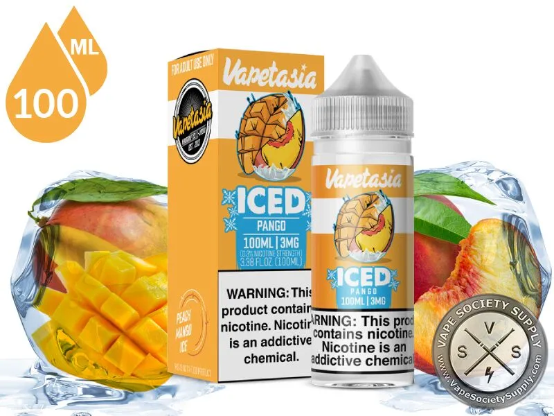 Pango Iced Killer Fruits Vapetasia 100ml bottle and box with mango, peaches and ice