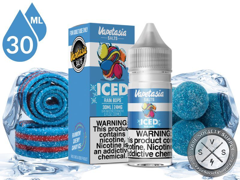 Rain Bops Iced Killer Sweets Vapetasia Salt 30ml bottle and box with blue sour candy belts, blue candy balls and ice
