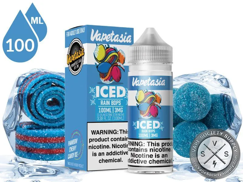 Rain Bops Iced Killer Sweets Vapetasia 100ml bottle and box with blue sour candy belts, blue candy balls and ice