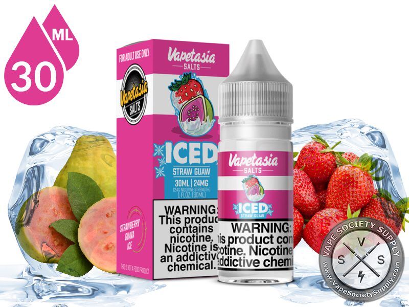 Straw Guaw Iced Killer Fruits Vapetasia Salt 30ml bottle and box with guava, strawberries and ice