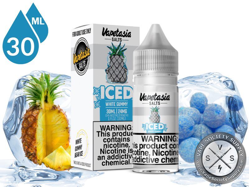 White Gummy Iced Killer Sweets Vapetasia Salt 30ml bottle and box with pineapple, blue candies and ice