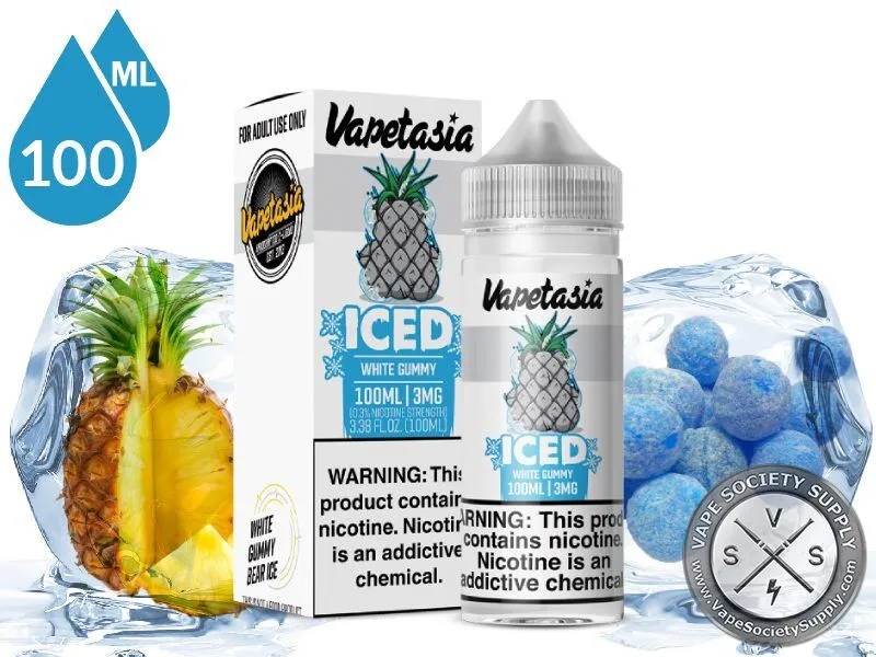 White Gummy Iced Killer Sweets Vapetasia 100ml bottle and box with pineapple, blue candies and ice