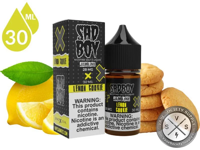Lemon Cookie by SadBoy Salts 30ml bottle and box with lemons and a stack of cookies