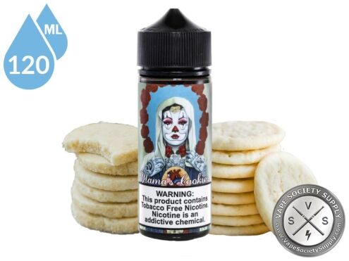 Mama's Cookies by Adam Bomb 120ml bottle with stacks of sugar cookies
