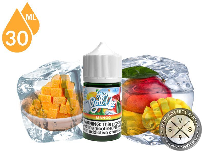 Mango Ice by Juice Roll Upz Salts 30ml bottle with mango cubes and a mango in blocks of ice