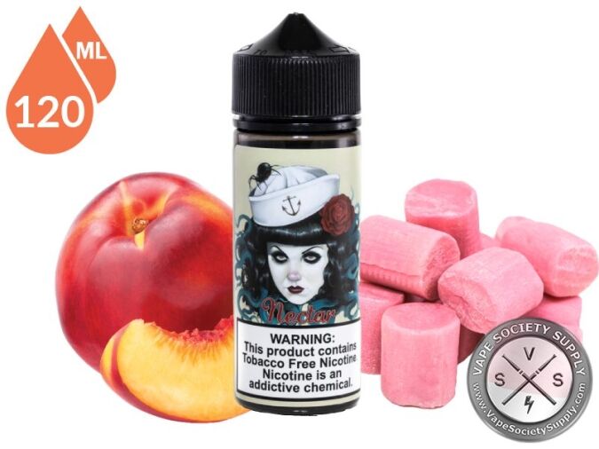 Nectar by Adam Bomb 120ml bottle with a nectarine and pink bubble gum