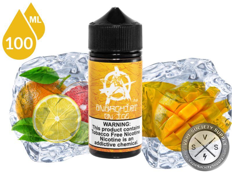 Orange On Ice by Anarchist 100ml bottle with oranges, a lemon slice and mango with ice