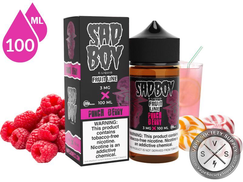 Punch Berry by SadBoy 100ml bottle and box with raspberries, pink lemonade and swirl candies